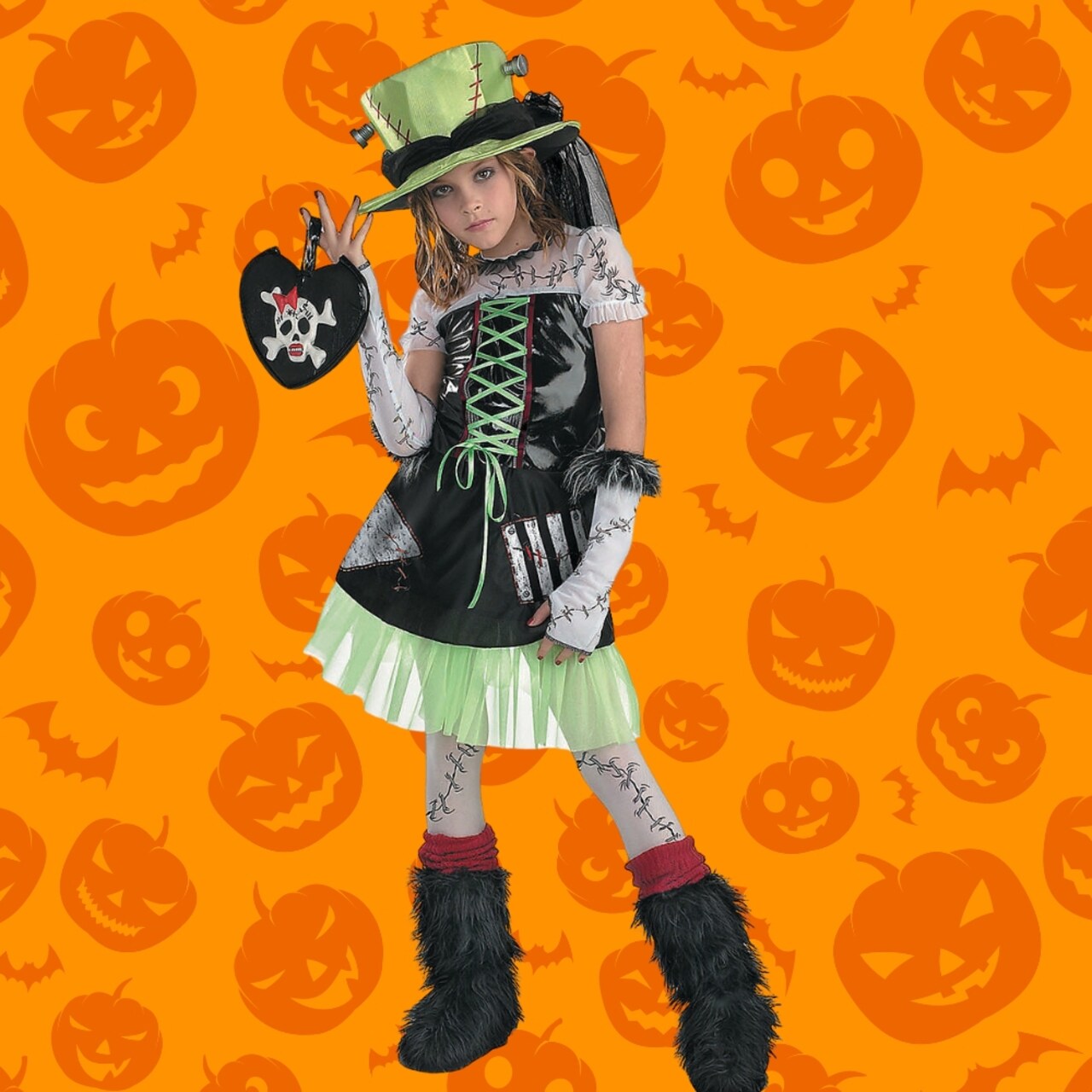 Girls Monster Bride Costume with Dress Hat Bolts and Petticoat